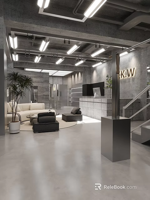 Modern Industrial Style Clothing Store With Cozy Lounge And Sleek Cement Interior Design 3d model 