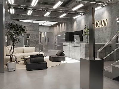 Modern Industrial Style Clothing Store With Cozy Lounge And Sleek Cement Interior Design 3d model