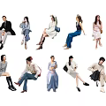Group of People With Various Sitting Poses And Stylish Casual Outfits