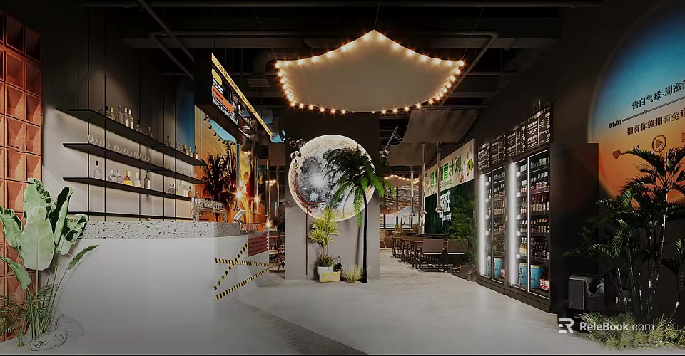 Modern Restaurant Interior With Spherical Decor String Lights Palm Plants And Seating Area 3d model