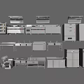 Stainless Steel Commercial Kitchen Appliances Including Ovens Refrigerators Sinks Worktables and Cabinets