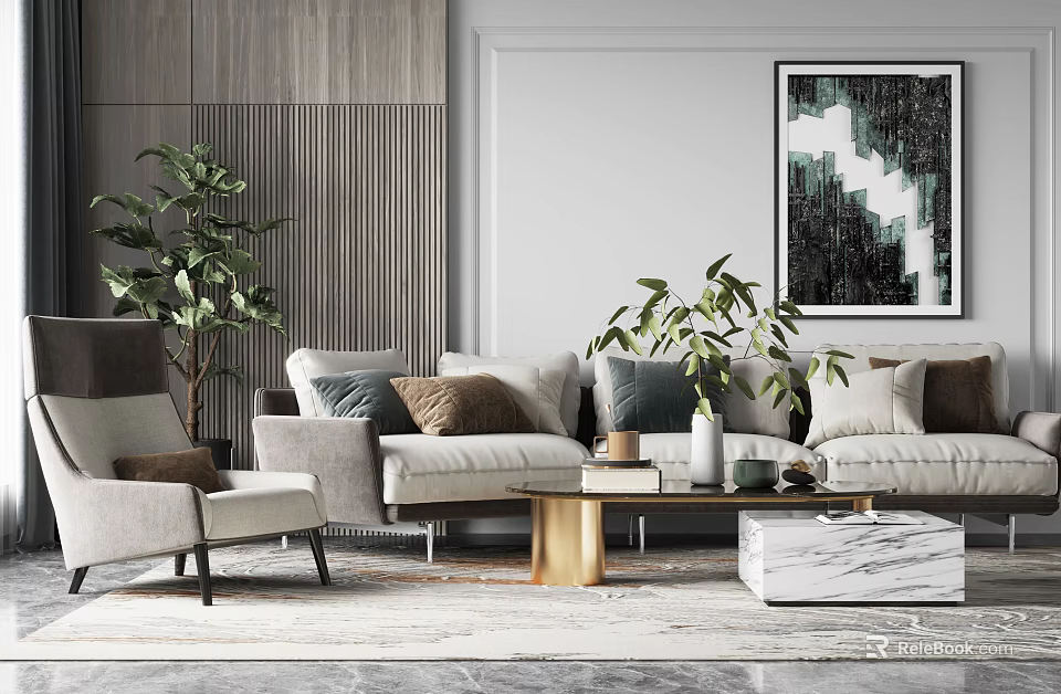 Modern Sofa and Coffee Table Set with Throw Pillows Potted Plants and Decorative Painting 3d model 