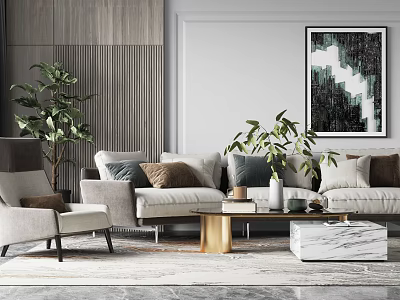 Modern Sofa and Coffee Table Set with Throw Pillows Potted Plants and Decorative Painting 3d model