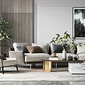 Modern Sofa and Coffee Table Set with Throw Pillows Potted Plants and Decorative Painting