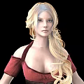 Blonde Woman In Red Off Shoulder Dress With Brown Corset And Boots From Multiple Angles
