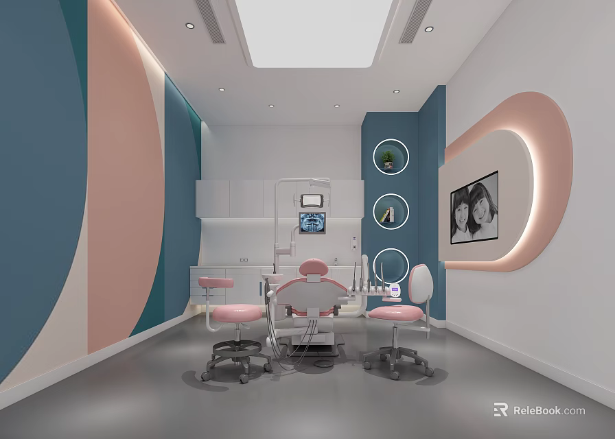 Modern Dental Clinic Interior With Dental Chair Pink Chairs White Cabinets And Wall Decor 3d model 