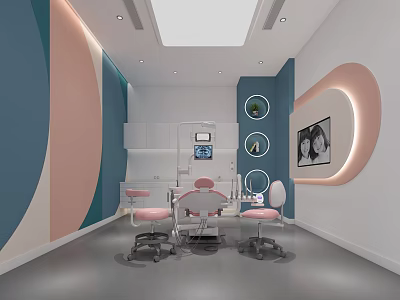 Modern Dental Clinic Interior With Dental Chair Pink Chairs White Cabinets And Wall Decor 3d model