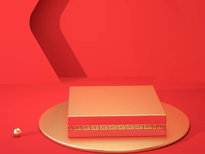 Elegant Swing Door Design On Red Background With Golden Circular Platform 3d model