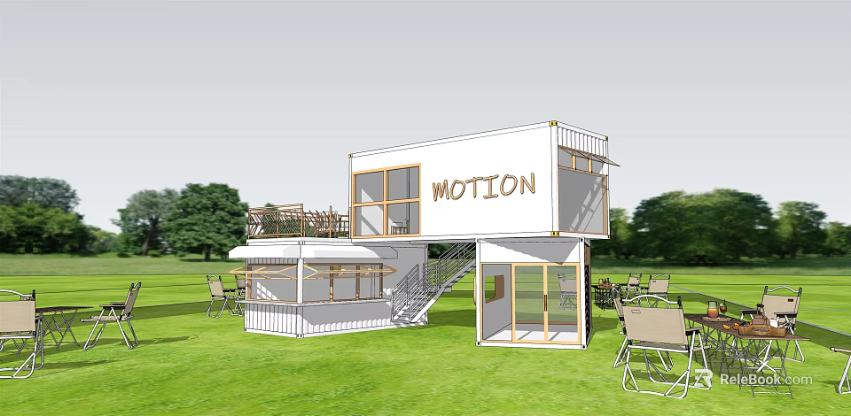Two Story Modern Container Building with MOTION Sign Outdoor Seating and Green Lawn 3d model 