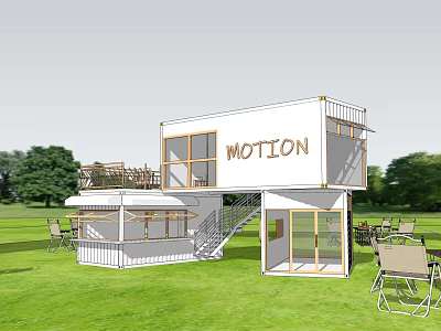 Two Story Modern Container Building with MOTION Sign Outdoor Seating and Green Lawn 3d model