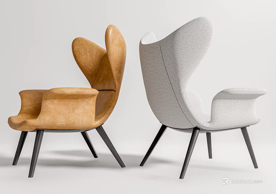 Modern Leisure Chairs With Brown Leather And Light Gray Fabric Unique Backrest Black Metal Legs 3d model 