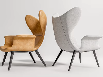 Modern Leisure Chairs With Brown Leather And Light Gray Fabric Unique Backrest Black Metal Legs 3d model