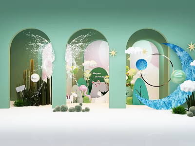 Enchanting Indoor Scene With Green Arches Plants Clouds Moon Stars And Cactus 3d model