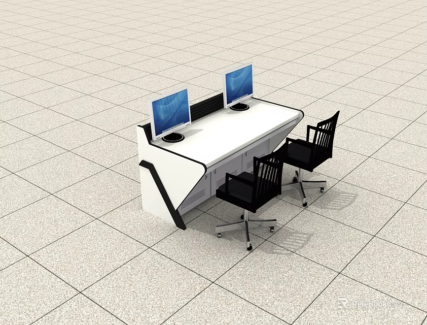 Modern Office Workstation With White Desk Two Computer Monitors Black Chairs On Light Tiled Floor 3d model 