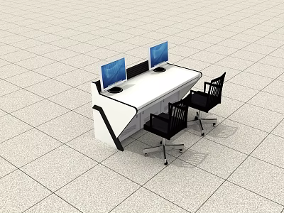 Modern Office Workstation With White Desk Two Computer Monitors Black Chairs On Light Tiled Floor 3d model