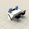 Modern Office Workstation With White Desk Two Computer Monitors Black Chairs On Light Tiled Floor