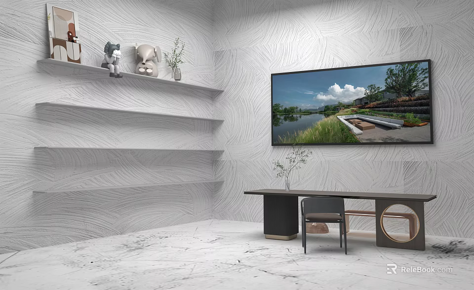 Modern Desk In Minimalist Room With Floating Shelves And Wall Painting 3d model 