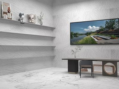 Modern Desk In Minimalist Room With Floating Shelves And Wall Painting 3d model
