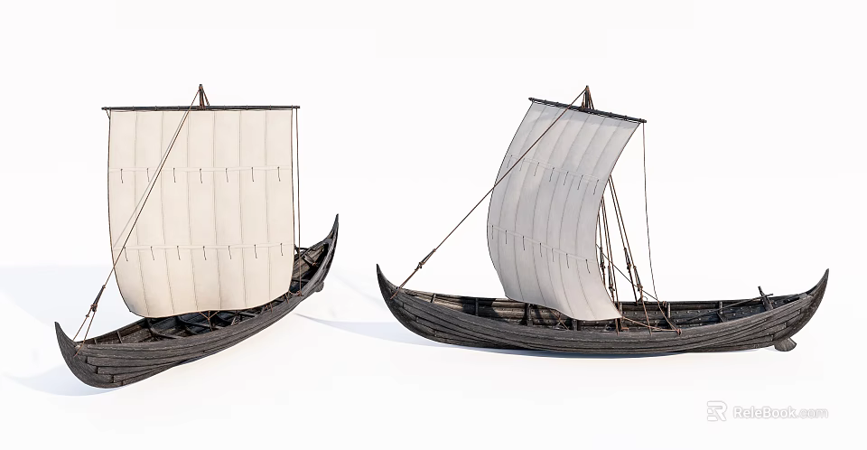 Two Ancient Sailing Ships with White Sails Black Hulls on White Background 3d model 