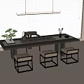 Modern Tea Table With Chairs Bonsai Plant Tea Set And Window Blinds 3d model