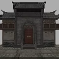Cartoon Scene of Traditional Chinese Building With Curved Eaves Red Wooden Doors And Stone Walls