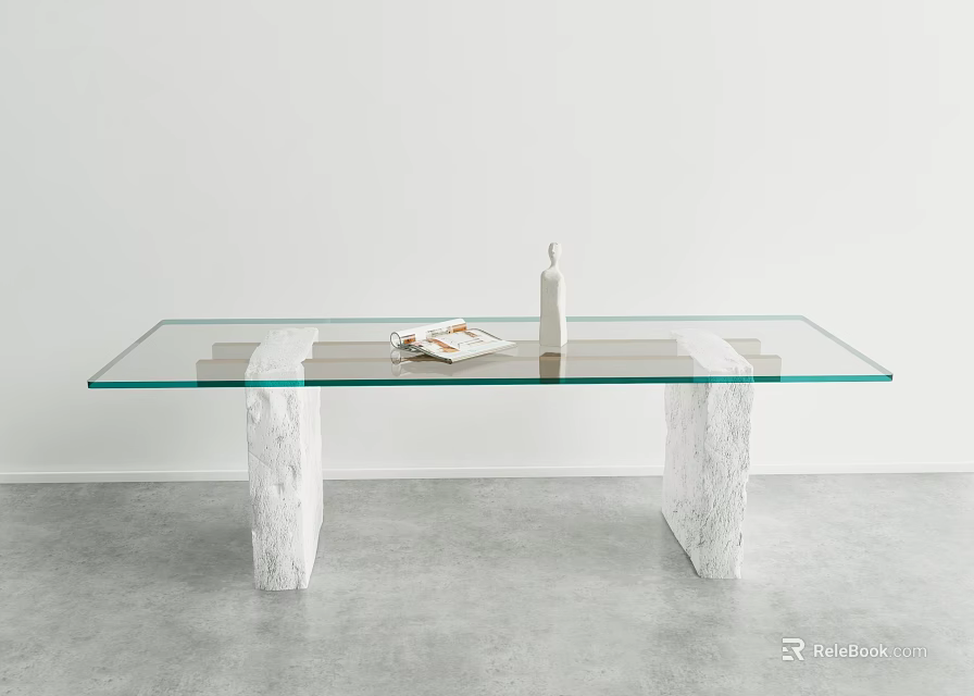 Glass Top Dining Table With Stone Legs Featuring Magazine And Minimalist Interior Decor 3d model 