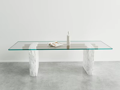 Glass Top Dining Table With Stone Legs Featuring Magazine And Minimalist Interior Decor 3d model