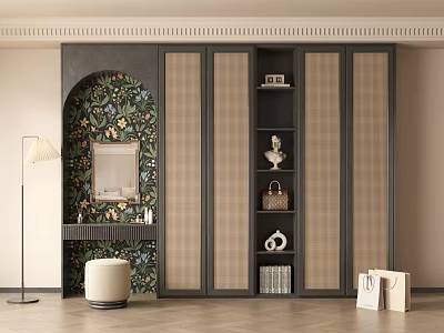 Modern Wardrobe Interior Design With Paneled Doors Floral Decorative Wall And Storage 3d model