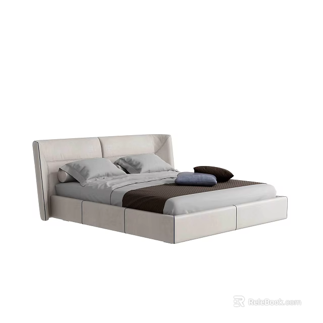 Modern Upholstered Double Bed With Beige Headboard And Soft Decorative Pillows 3d model