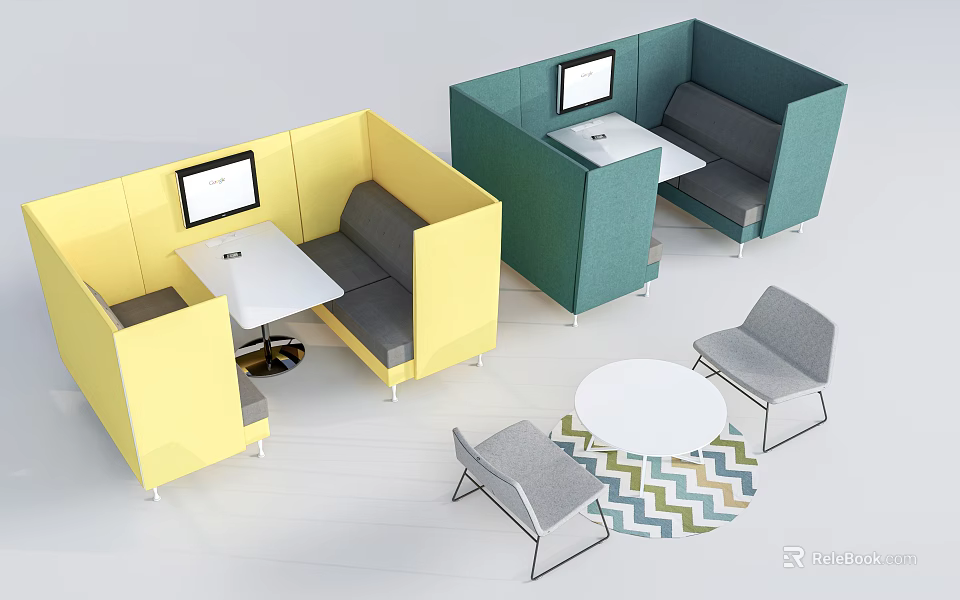 Single Seater Gray Sofa In Office Lounge With Yellow Green Booths Table Screen And Rug 3d model 
