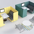 Single Seater Gray Sofa In Office Lounge With Yellow Green Booths Table Screen And Rug