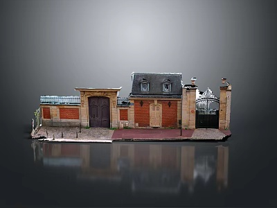 European Style Wooden Entrance Gate With Red Brick Walls And Black Sloped Roof 3d model