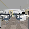 Public Office Space With Modern Desks Computers Hanging Lights And Open Layout 3d model