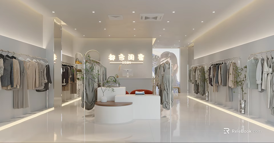 Stylish Clothing Store Interior Design With Displayed Clothes Clothing Racks And Plants 3d model 