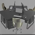 Black Hexagonal Office Desk And Chair Set With Computer Monitors Keyboards Mice And Drawer Cabinet