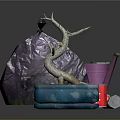 Dead Tree Branch On Blue Base With Purple Bag Red Cans And Purple Trash Bin
