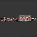 Detailed Cartoon Scene with Red Brick Buildings Various Roofs and Small Trees