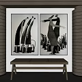 Black and White Figure Decorative Paintings on Wooden Textured Walls With Bench Below