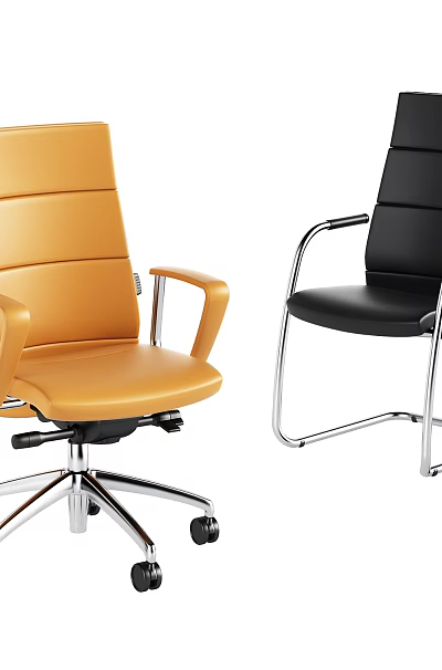 Modern Office Chairs With Armrests Orange Leather Swivel Wheels And Black Leather Metal Frame 3d model