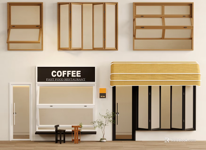 Coffee Shop Storefront Design With Fair Trade Sign Awning And Seating 3d model 