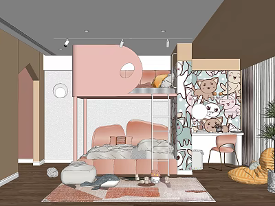 Playful Children's Room Interior With Pink Bed Cartoon Animal Wall And Colorful Rug 3d model