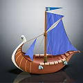 Decorative Ornament Set Small Boat Model Brown Hull White Edges Blue Sail And Flag