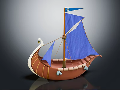 Decorative Ornament Set Small Boat Model Brown Hull White Edges Blue Sail And Flag 3d model