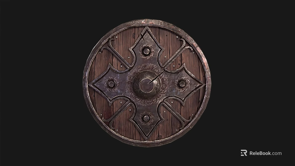 Ornate Medieval Wooden Shield With Round Shape And Metal Decorative Patterns 3d model 