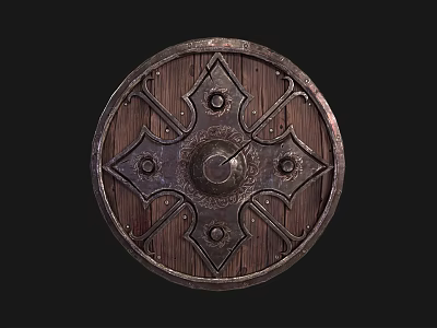 Ornate Medieval Wooden Shield With Round Shape And Metal Decorative Patterns 3d model