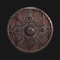 Ornate Medieval Wooden Shield With Round Shape And Metal Decorative Patterns