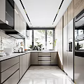 Modern Minimalist Kitchen Interior With Gray Cabinets White Countertop Natural Light And Stainless Steel Appliances