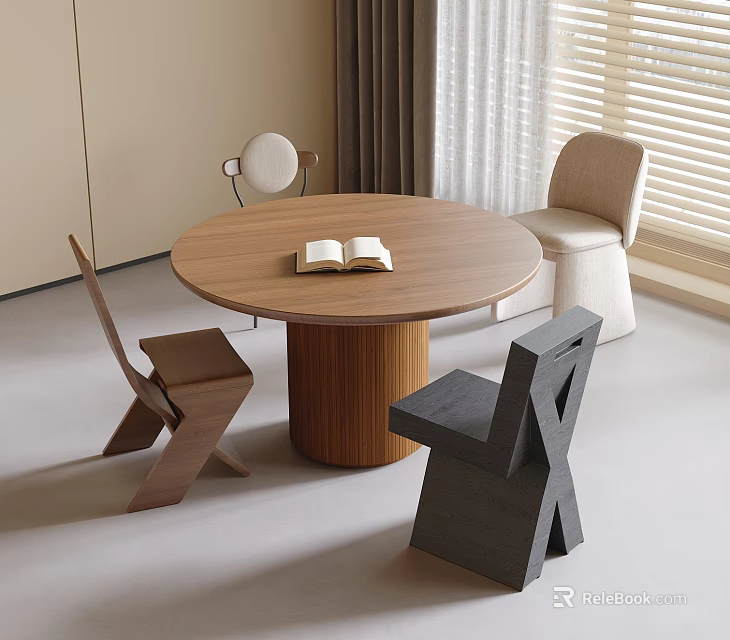 Round Wooden Dining Table With Modern Chairs And Open Book In Minimalist Room 3d model 