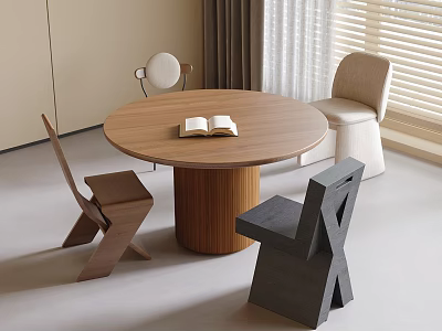 Round Wooden Dining Table With Modern Chairs And Open Book In Minimalist Room 3d model