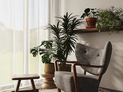 Gray Leisure Chair With Wooden Armrests And Green Plants By White Curtains Grass Wooden Shelf 3d model